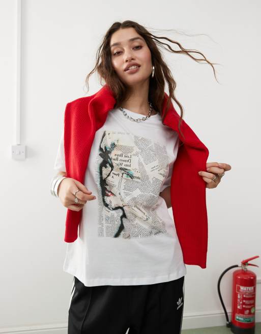 Camiseta blanca extragrande con estampado gráfico de Madonna de periódico de Noisy May