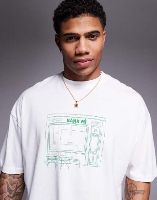 Camiseta blanca extragrande con estampado gráfico de restaurante de ASOS DESIGN, 3 de 4