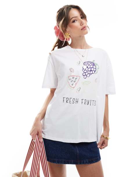 Camiseta blanca extragrande con estampado gráfico "Fresh Fruits" de Pieces - view 1