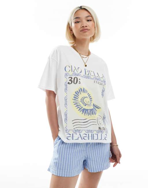 Camiseta blanca extragrande con estampado gráfico veraniego de concha de Miss Selfridge, 3 de 4