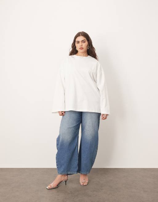 Camiseta blanca extragrande de manga larga de algodón de ARRANGE Curve, 3 de 4