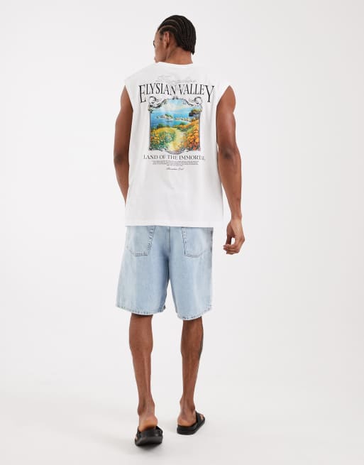 Camiseta blanca extragrande sin mangas con estampado de paisaje en la espalda de Jack & Jones, 2 de 5
