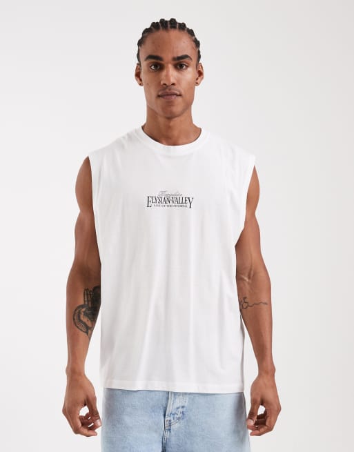 Camiseta blanca extragrande sin mangas con estampado de paisaje en la espalda de Jack & Jones, 3 de 5
