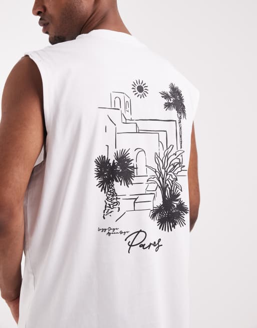 Camiseta blanca extragrande sin mangas con estampado gráfico de paisaje de ASOS DESIGN, 3 de 5