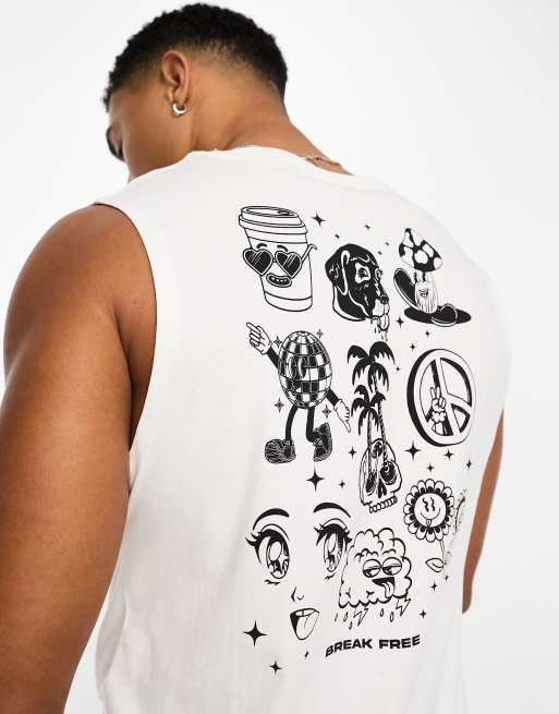 Camiseta blanca extragrande sin mangas con estampado veraniego en la espalda de Jack & Jones