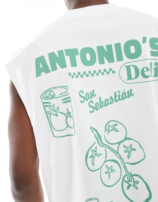 Camiseta blanca extragrande sin mangas con estampados gráficos de dibujo de ASOS DESIGN, 2 de 4