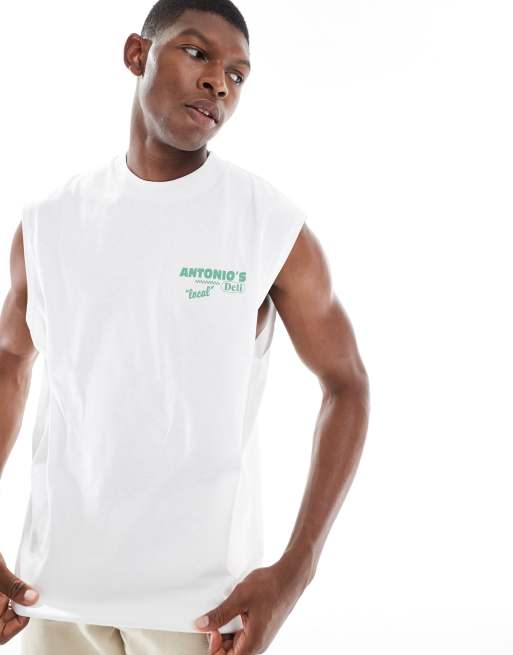 Camiseta blanca extragrande sin mangas con estampados gráficos de dibujo de ASOS DESIGN, 3 de 4