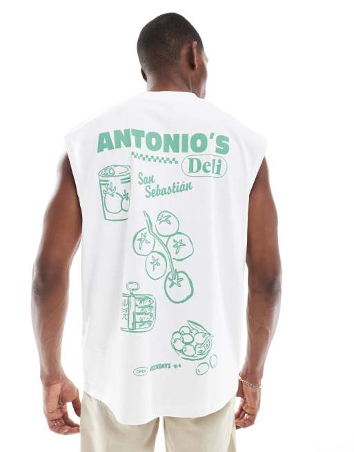 Camiseta blanca extragrande sin mangas con estampados gráficos de dibujo de ASOS DESIGN, 4 de 4