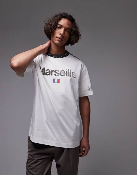 Camiseta blanca holgada con estampado "Marseille" y ribetes de Topman - view 1