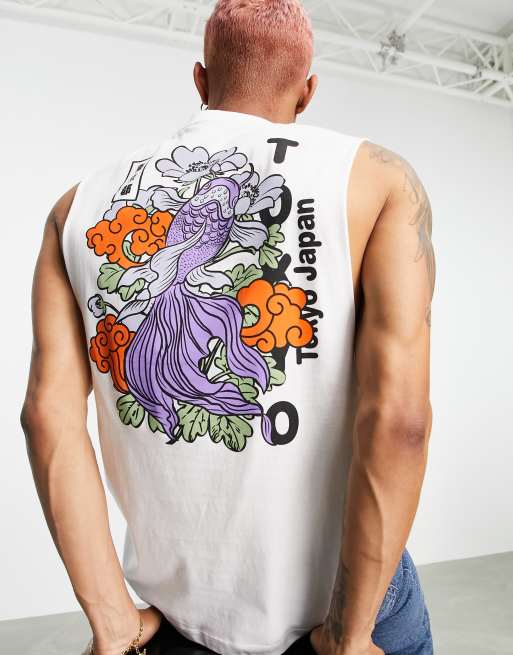 Camiseta blanca holgada sin mangas con dibujo de naranja estampado de algodón orgánico de ASOS DESIGN