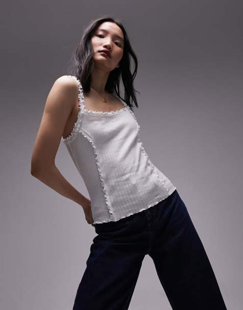 Camiseta blanca sin mangas con cuello cuadrado y volantes de pointelle de Topshop - view 1