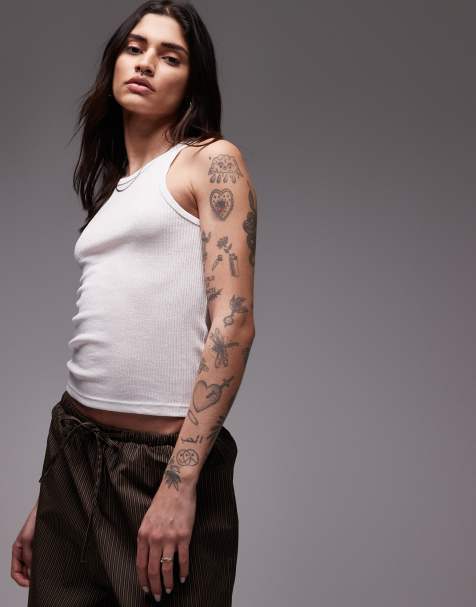 Camiseta blanca sin mangas con cuello de nadadora de canalé de Mango - view 1
