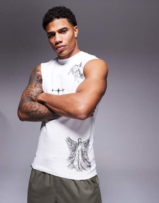 Camiseta blanca sin mangas con estampado gráfico de estilo renacentista de Liquor N Poker