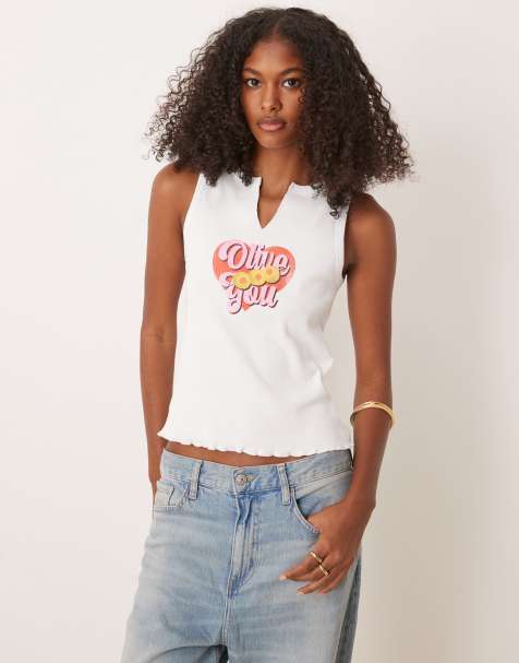 Camiseta blanca sin mangas con estampado gráfico "Olive You" de canalé de ASOS DESIGN - view 1