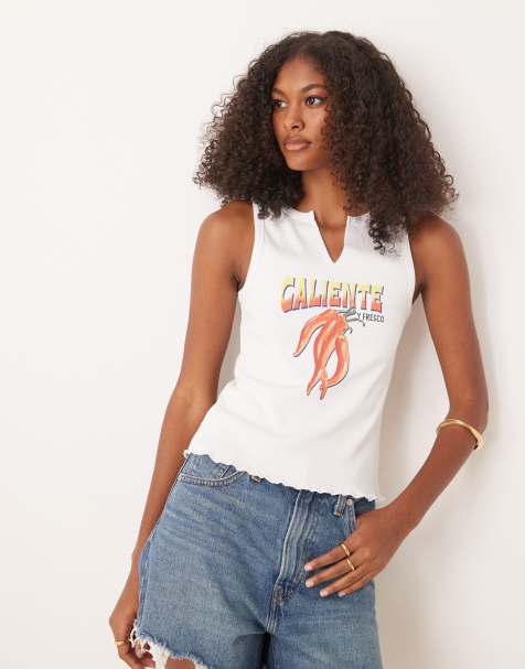 Camiseta blanca sin mangas con gráfico de guindilla de canalé de ASOS DESIGN - view 1