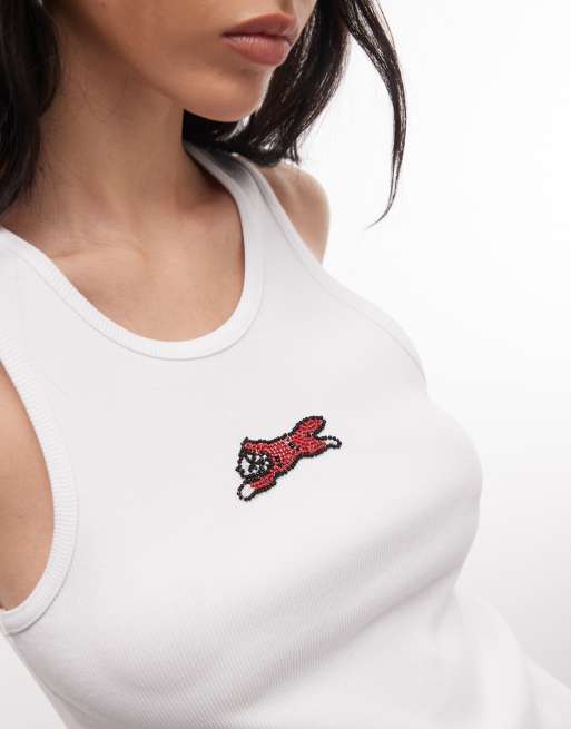 Camiseta blanca sin mangas de canalé con logo de perro corriendo de cuentas de ICECREAM, 3 de 4