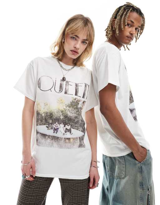 Camiseta blanca unisex con estampado con licencia de Queen de Reclaimed Vintage