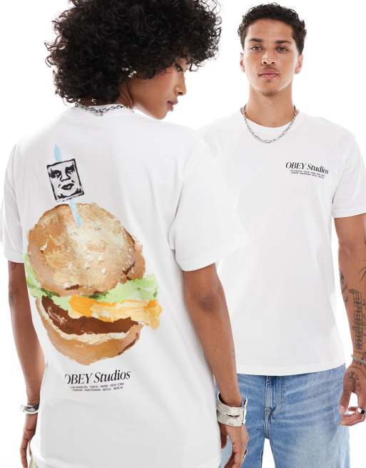 Camiseta blanca unisex con estampado gráfico de hamburguesa de Obey, 4 de 4