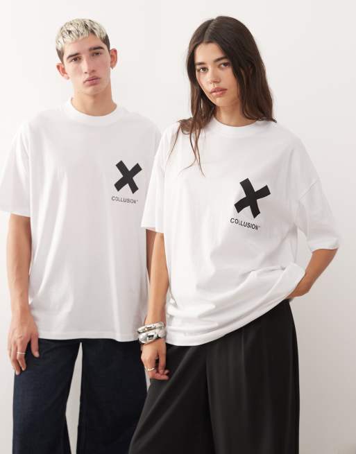 Camiseta blanca unisex con logo de COLLUSION, 4 de 4