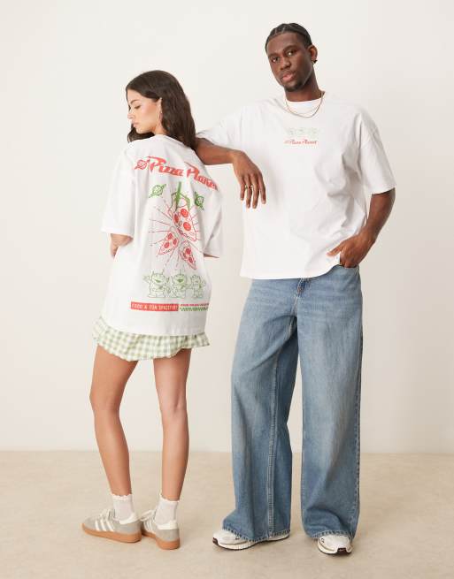 ASOS DESIGN Disney Pixar unisex oversized t-shirt with Toy Story Pizza Planet prints in white