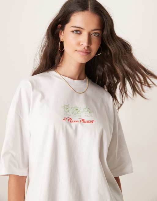 ASOS DESIGN Disney Pixar unisex oversized t-shirt with Toy Story Pizza Planet prints in white