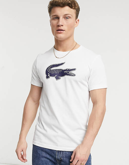 Camiseta blanca y azul marino con logo de cocodrilo de Lacoste