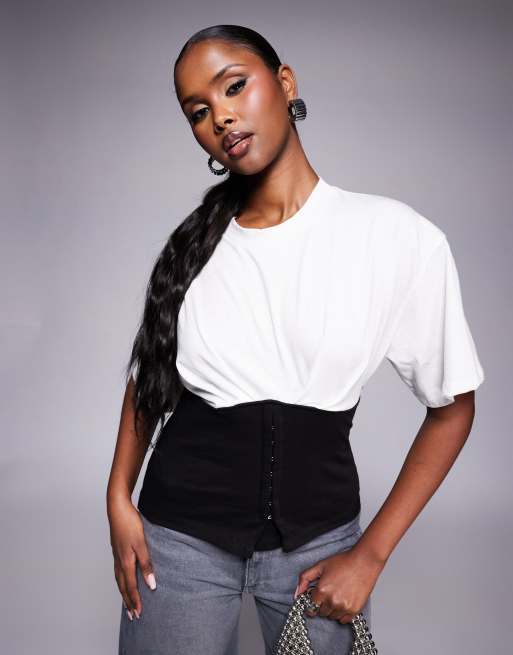 Camiseta blanca y negra con cintura estilo corsé de ASOS DESIGN