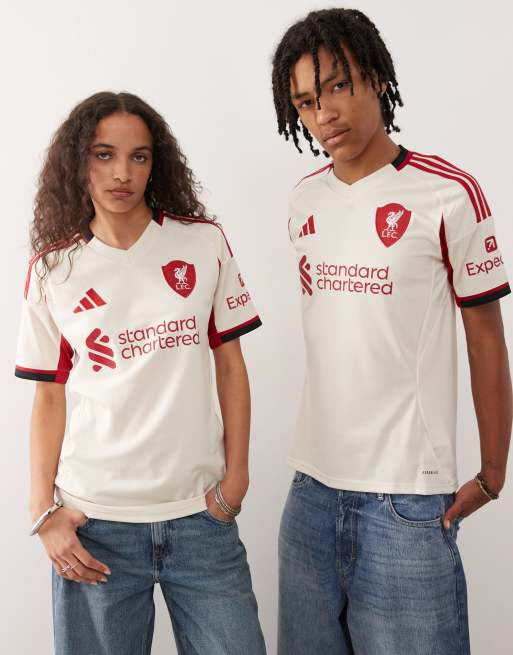 Camiseta blanca y roja con diseño de la segunda equipación del Liverpool 25/26 de adidas Football