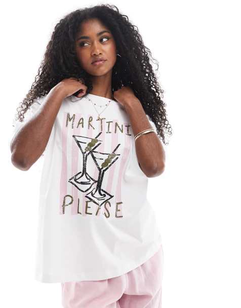 Camiseta blanca y rosa extragrande con estampado gráfico de cócteles de algodón de Threadbare - view 1