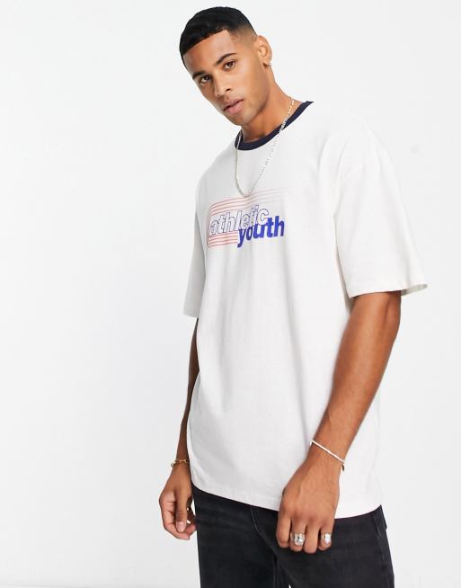 Camiseta blanco hueso con ribetes y estampado 