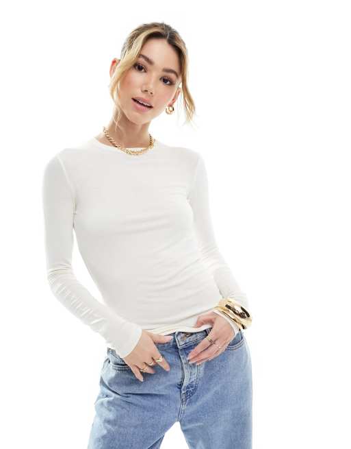 Camiseta blanco hueso de manga larga de tejido suave de Mango