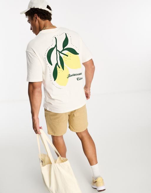 Camiseta blanco hueso extragrande con estampado de limones en la espalda de Selected Homme
