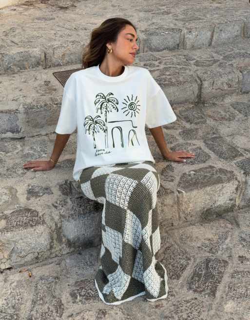 Camiseta blanco hueso extragrande con estampado de palmeras de 4th & Reckless x Luana Barron