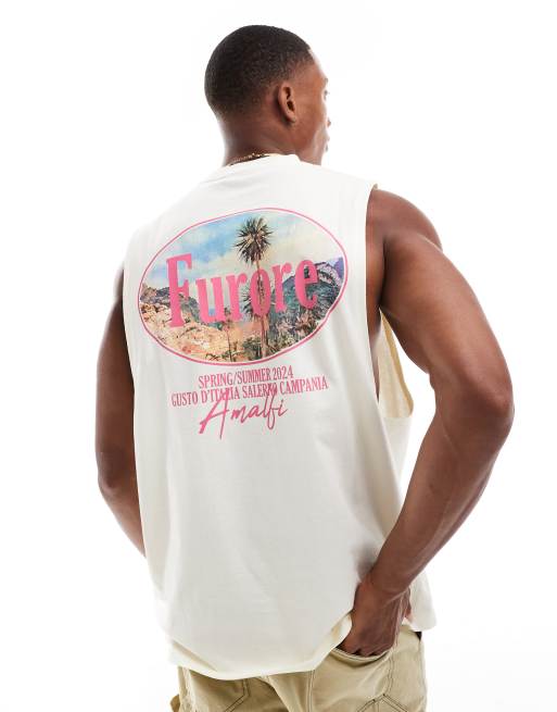 Camiseta blanco hueso extragrande sin mangas con estampado trasero de ASOS DESIGN