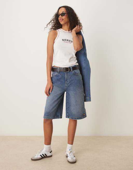 Camiseta blanco hueso sin mangas de corte alargado con espalda de nadadora y logo central de Dickies, 2 de 4