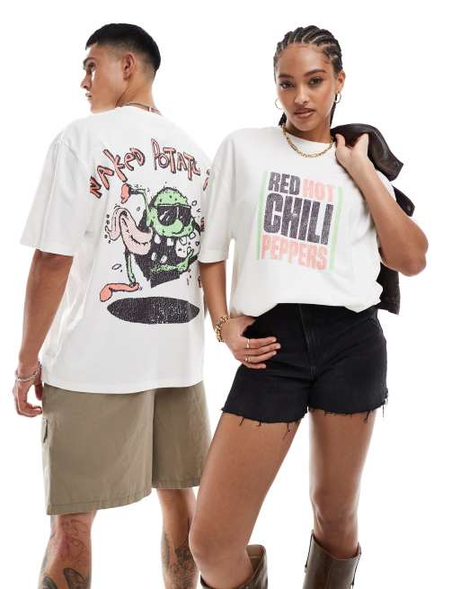 Camiseta blanco hueso unisex extragrande con estampado gráfico con licencia de Red Hot Chili Peppers de ASOS DESIGN