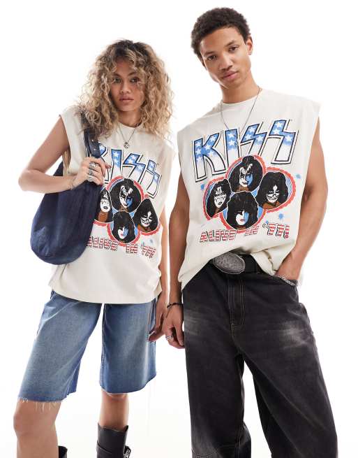 Camiseta blanco hueso unisex extragrande sin mangas con estampado con licencia de la banda KISS de ASOS DESIGN