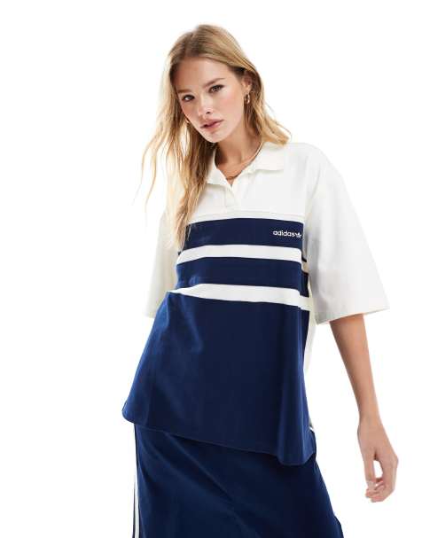 Camiseta blanco hueso y azul añil a rayas con cuello tipo polo de adidas Originals - view 1
