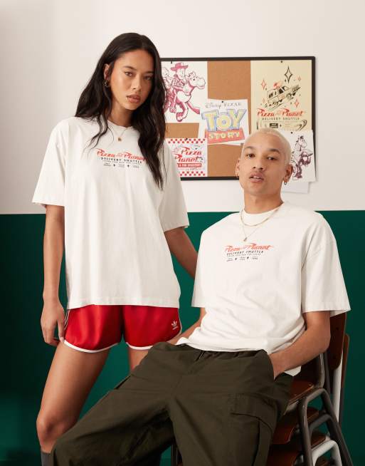 ASOS DESIGN Disney Pixar Unisex oversized t-shirt with Toy Story Pizza Planet prints in washed white