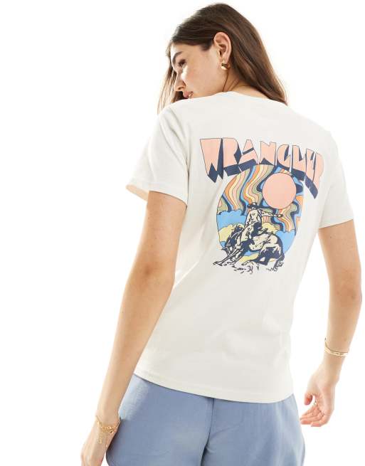 Camiseta blanco vintage con logo de vaquero estampado en la espalda de Wrangler