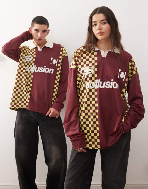 Camiseta burdeos a cuadros de manga larga de estilo futbolero de COLLUSION Unisex - view 1