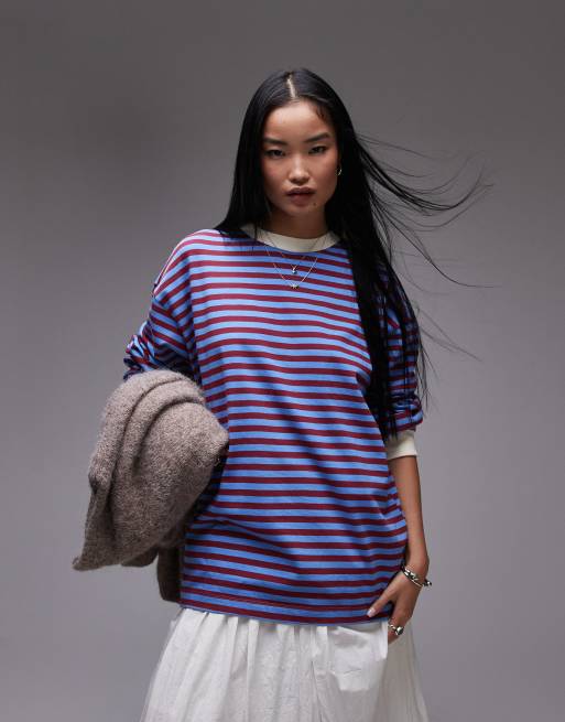 Camiseta burdeos a rayas holgada de manga larga con cuello redondo de Topshop, 2 de 4
