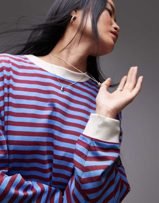 Camiseta burdeos a rayas holgada de manga larga con cuello redondo de Topshop, 3 de 4