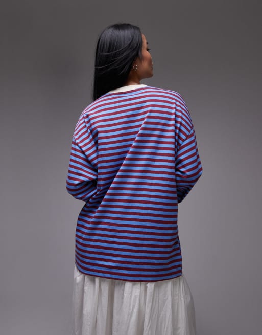 Camiseta burdeos a rayas holgada de manga larga con cuello redondo de Topshop, 4 de 4