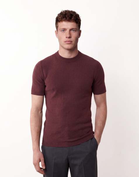 Camiseta burdeos ajustada de manga corta con cuello redondo de punto gofrado de ASOS DESIGN - view 1