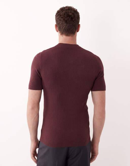 Camiseta burdeos ajustada de manga corta con cuello redondo de punto gofrado de ASOS DESIGN, 5 de 5