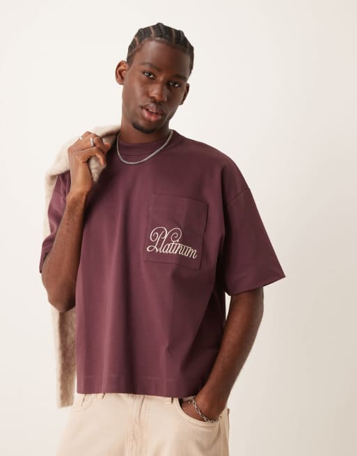 Camiseta burdeos de corte cuadrado extragrande con estampado en el bolsillo de tejido grueso de 300 g/m2 premium de ASOS DESIGN
