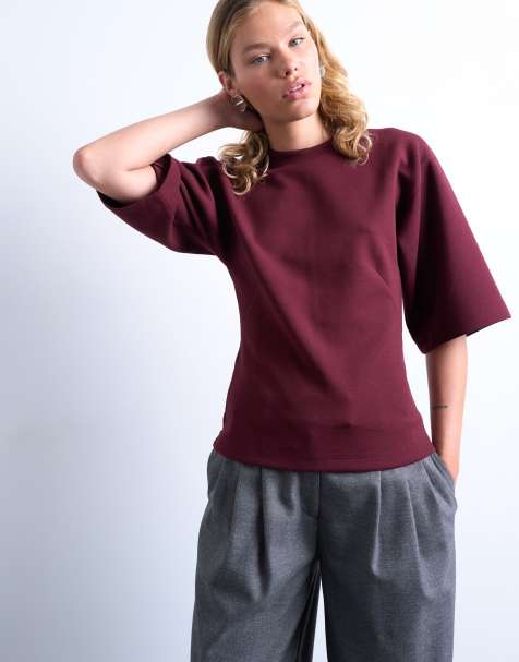 Camiseta burdeos de manga corta con cintura entallada de tejido efecto neopreno de Topshop - view 1