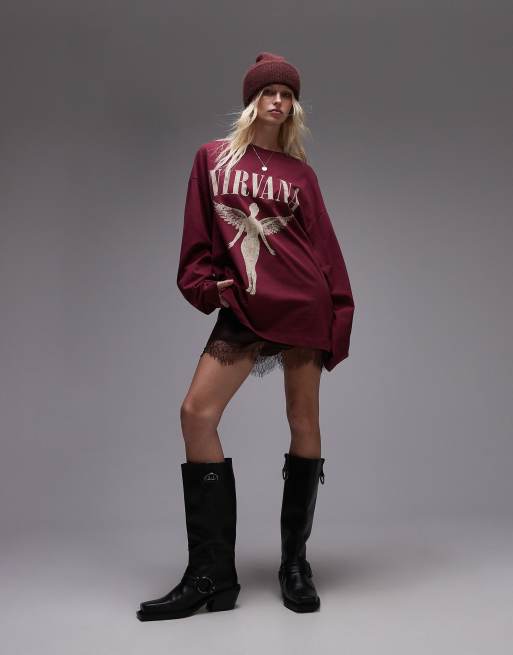 Camiseta burdeos de manga larga y corte skater con estampado gráfico con licencia de Nirvana de Topshop
