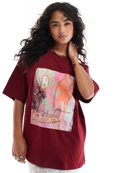 Camiseta burdeos extragrande con estampado de cena de ASOS DESIGN - view 1